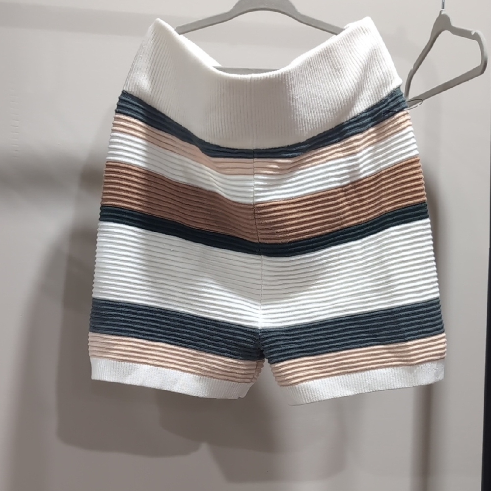 aerie High Waist Ribbed Stripe Shorts in White, Navy & Tan